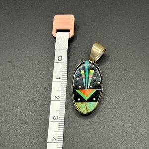 Navajo Turquoise Spiny Oyster Inlay Sterling Silver Stamped Necklace Pendant
